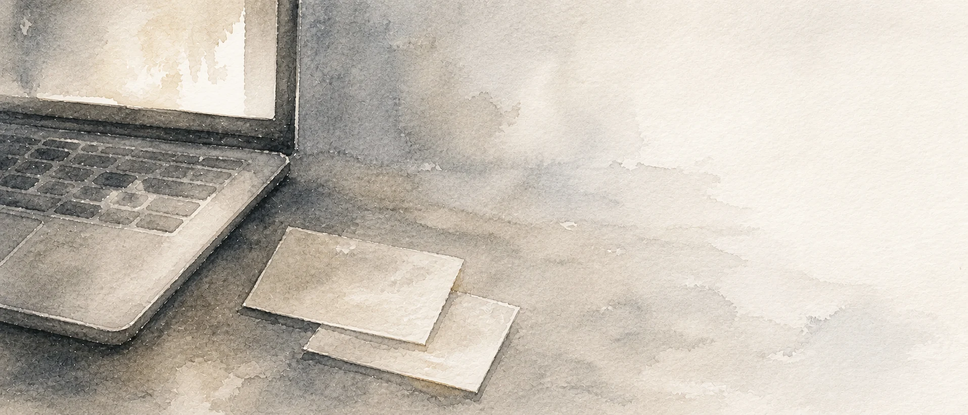 Atmospheric watercolor detail of a laptop and two blank paper tabs