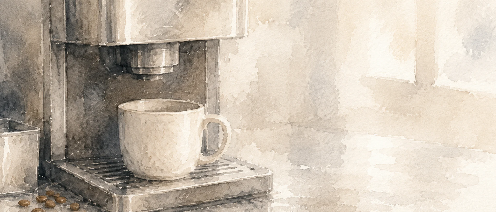 Atmospheric watercolor detail of a coffee machine and mug