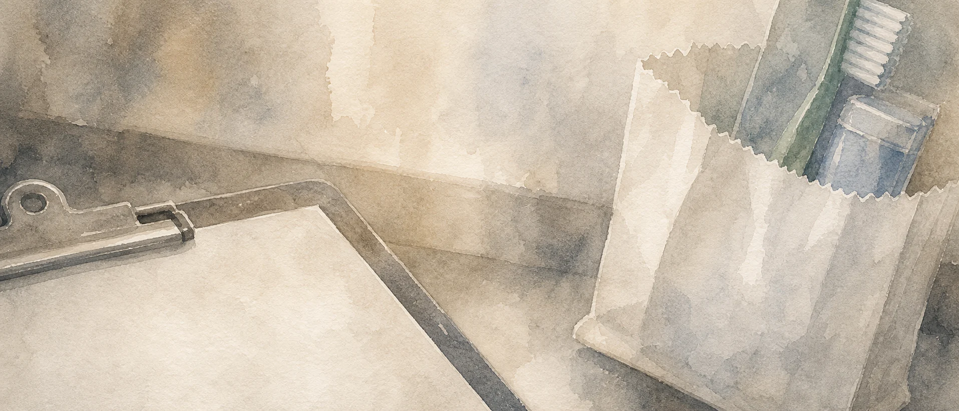 Atmospheric watercolor detail of a blank clipboard and dental goody bag