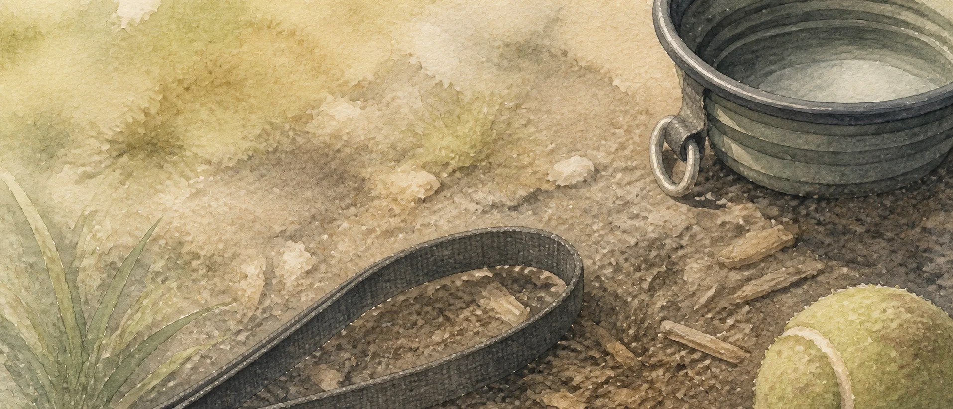Atmospheric watercolor detail of a leash, water bowl, and tennis ball on mulch