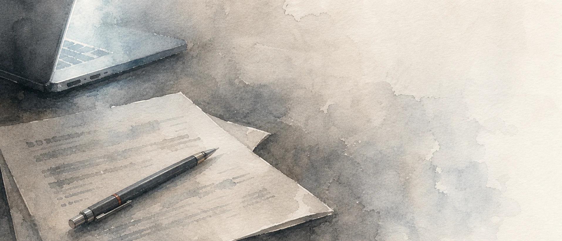 Atmospheric watercolor detail of a document, pencil, and laptop edge