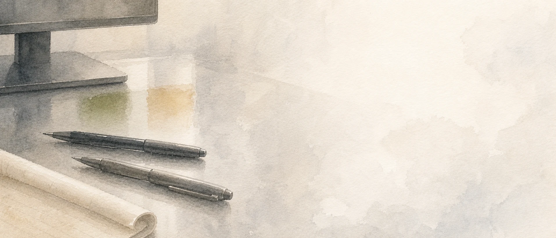 Atmospheric watercolor detail of two pens and muted monitor reflections