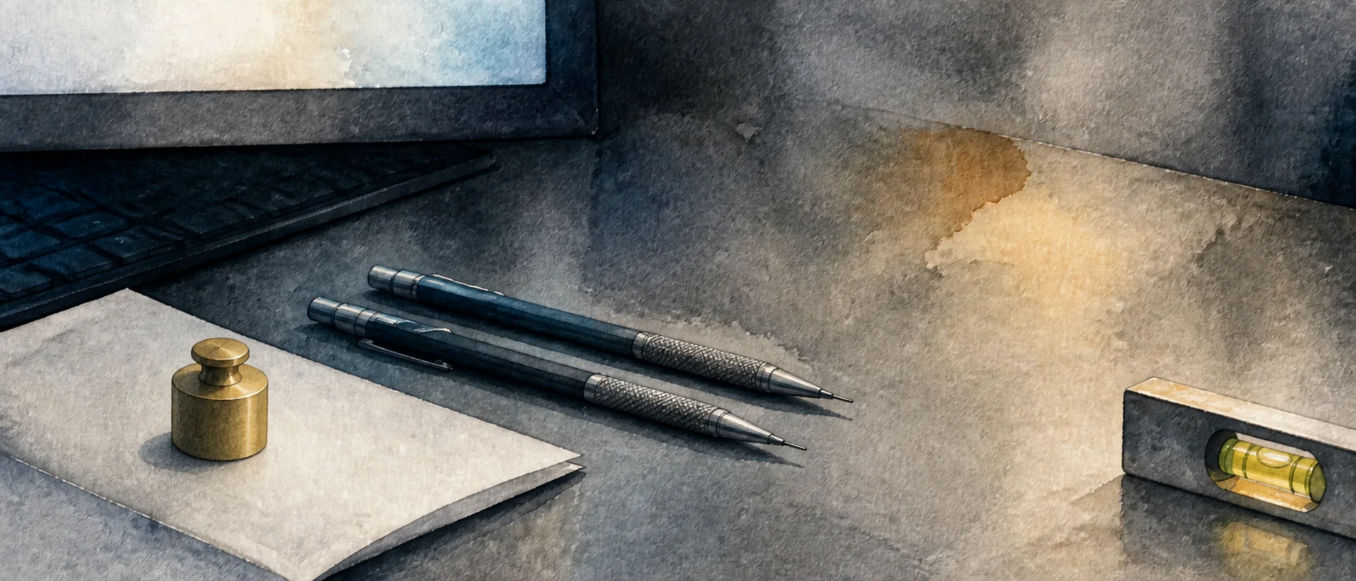 Two pencils, a brass calibration weight, and a bubble level on a conference table