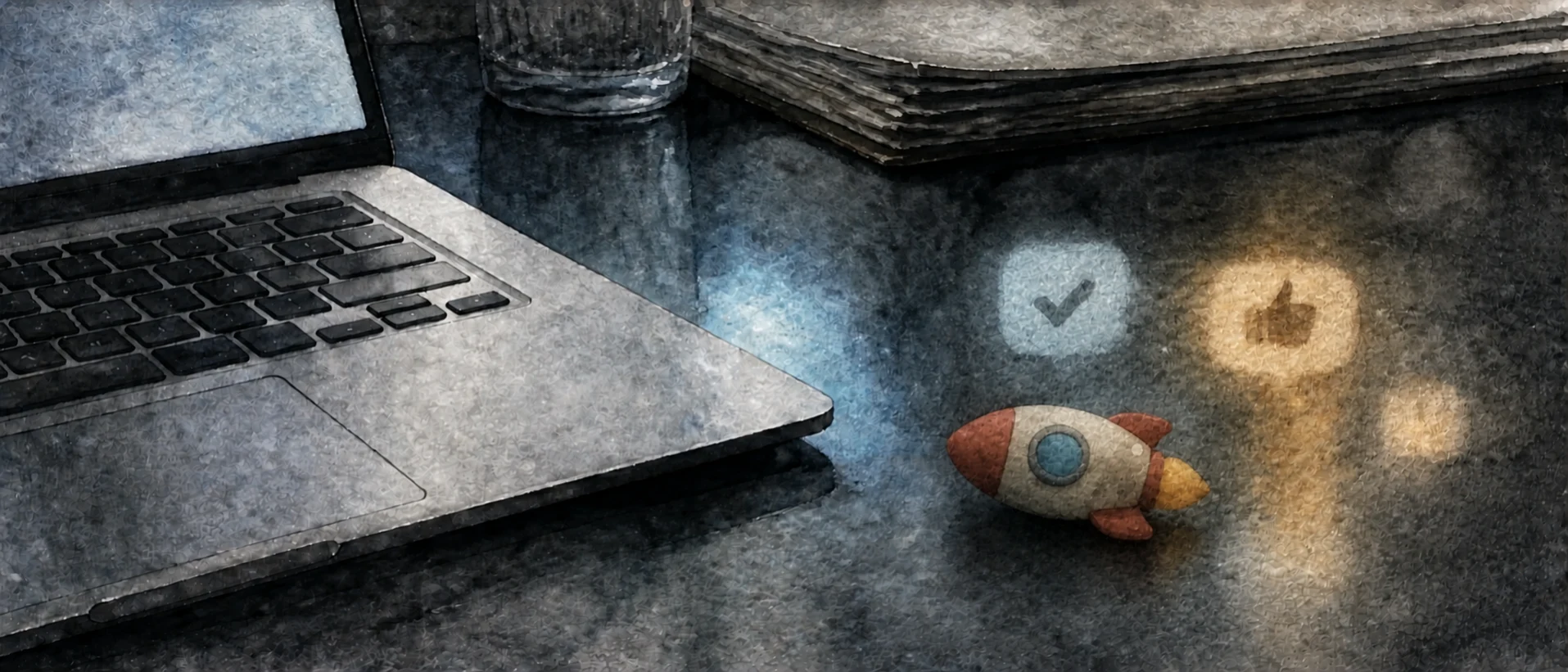 A laptop, reaction icons reflected on a desk, and a small rocket toy