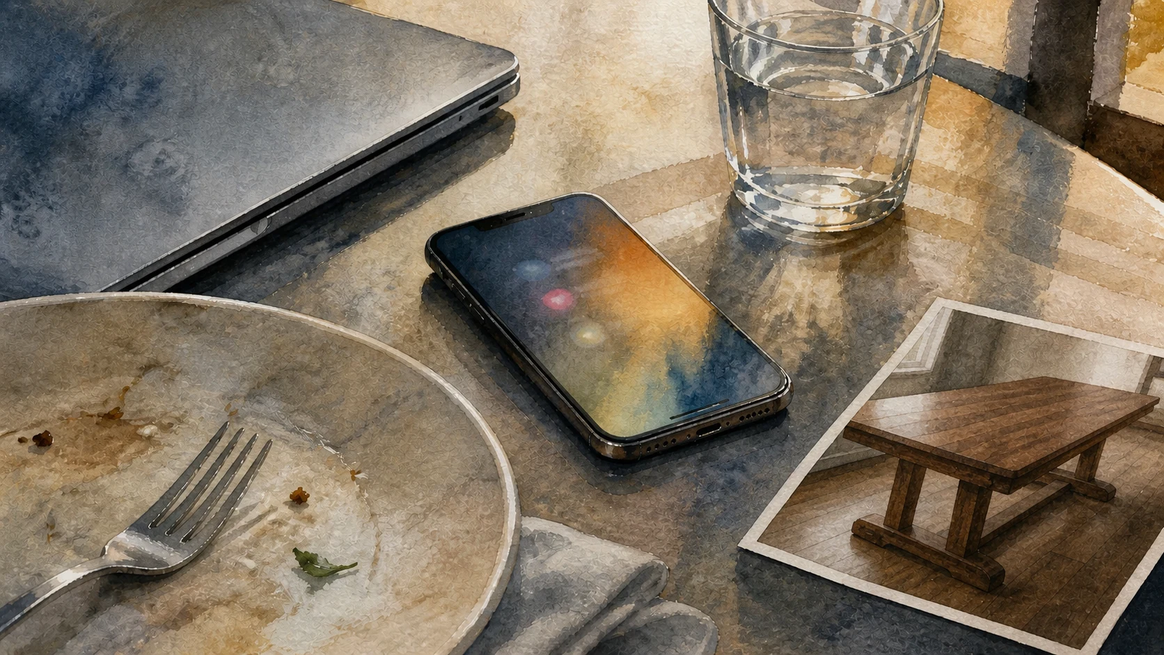 A phone, laptop, lunch plate, and photograph of a handmade table